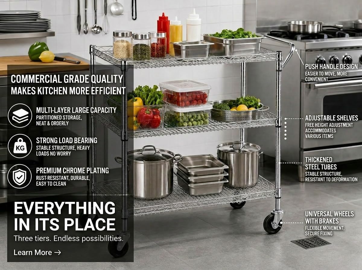 튼튼한 바퀴 달린 다용도 주방 카트, 크롬 도금 마감, - Commercial Kitchen And Bar 리뷰 및 가격